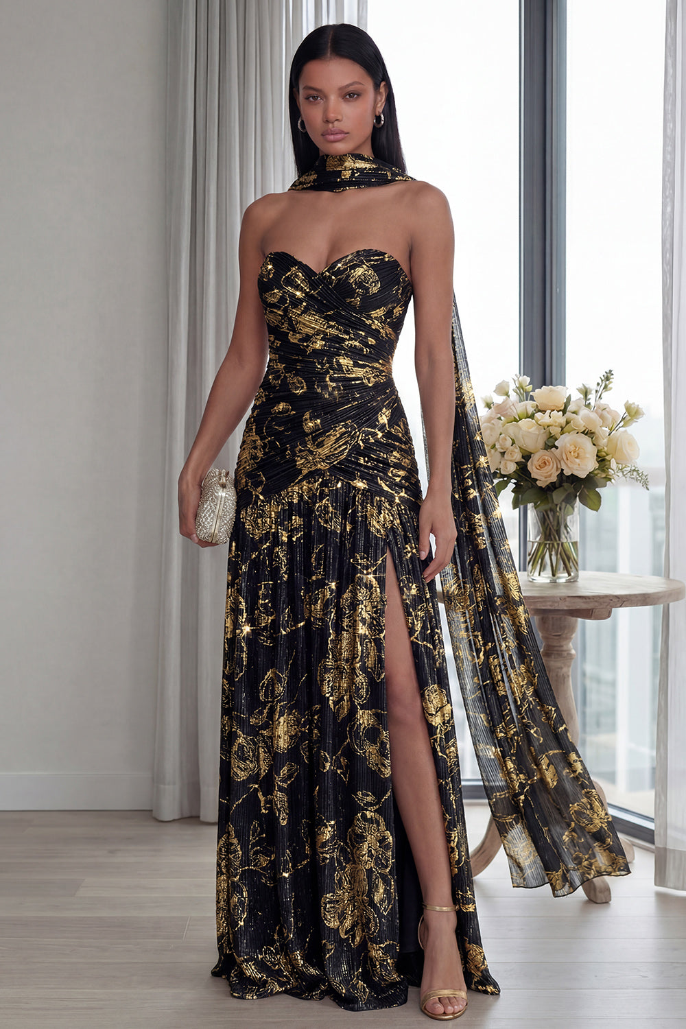 Strapless Ruched A Line Dusty Sage Formal Dress with Slit