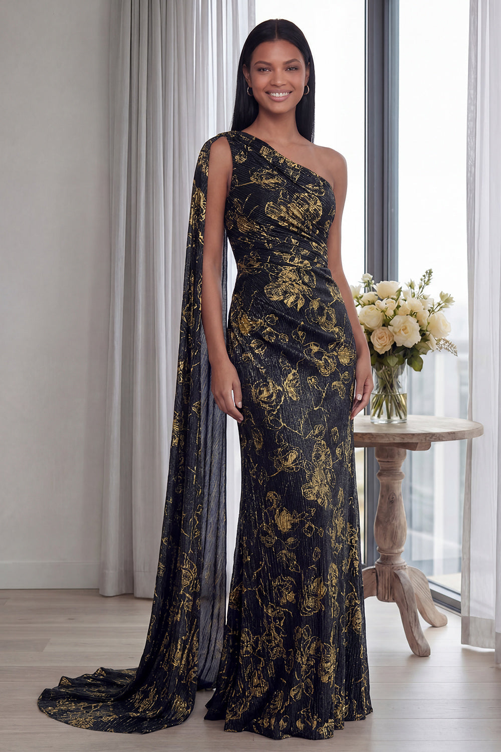 Navy One Shoulder Ruched Memaid Formal Dress