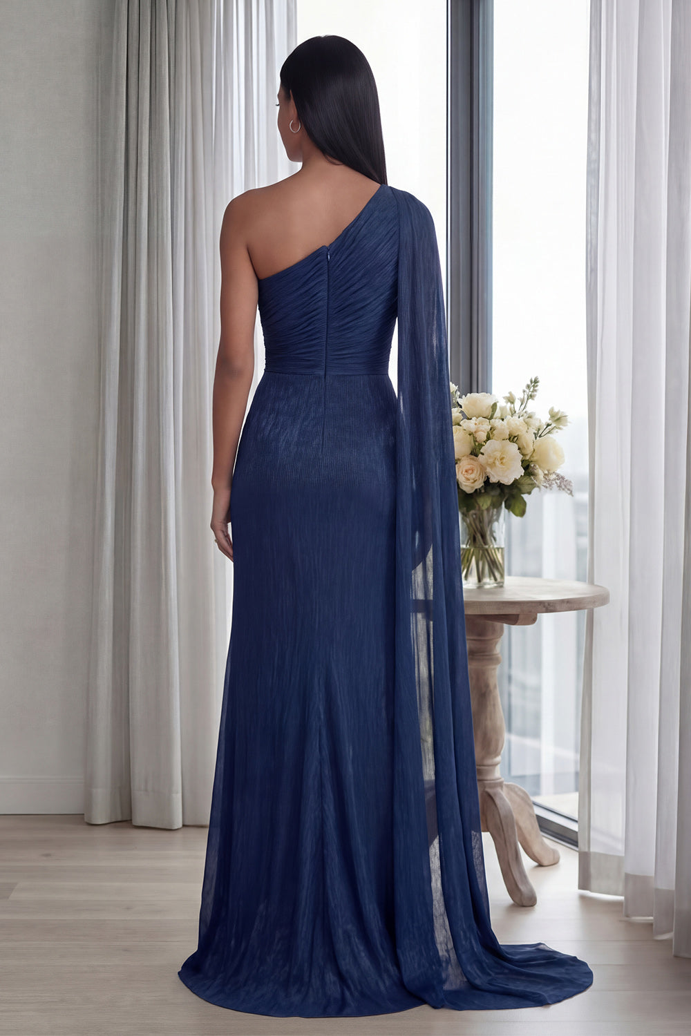 Navy One Shoulder Ruched Memaid Formal Dress