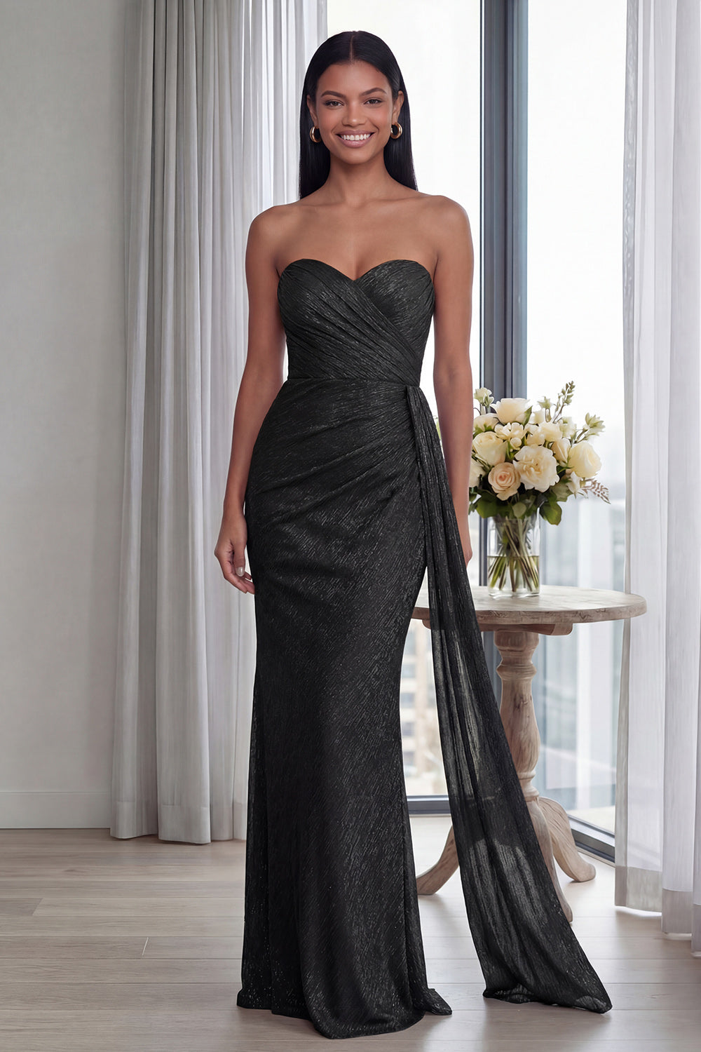 Black Strapless Ruched Formal Dress with Streamer