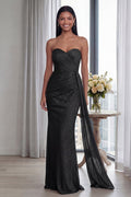 Black Strapless Ruched Formal Dress with Streamer