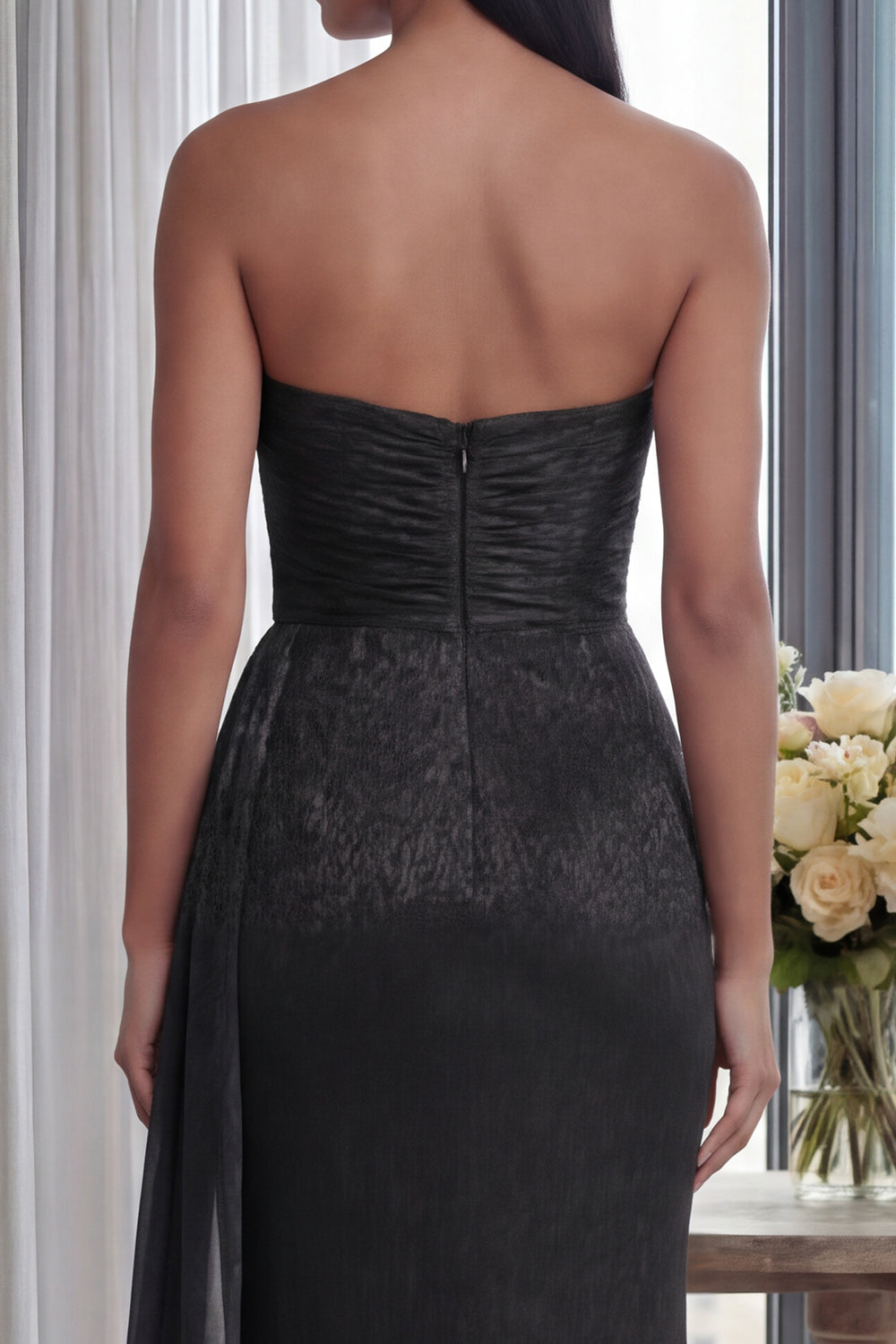 Black Strapless Ruched Formal Dress with Streamer