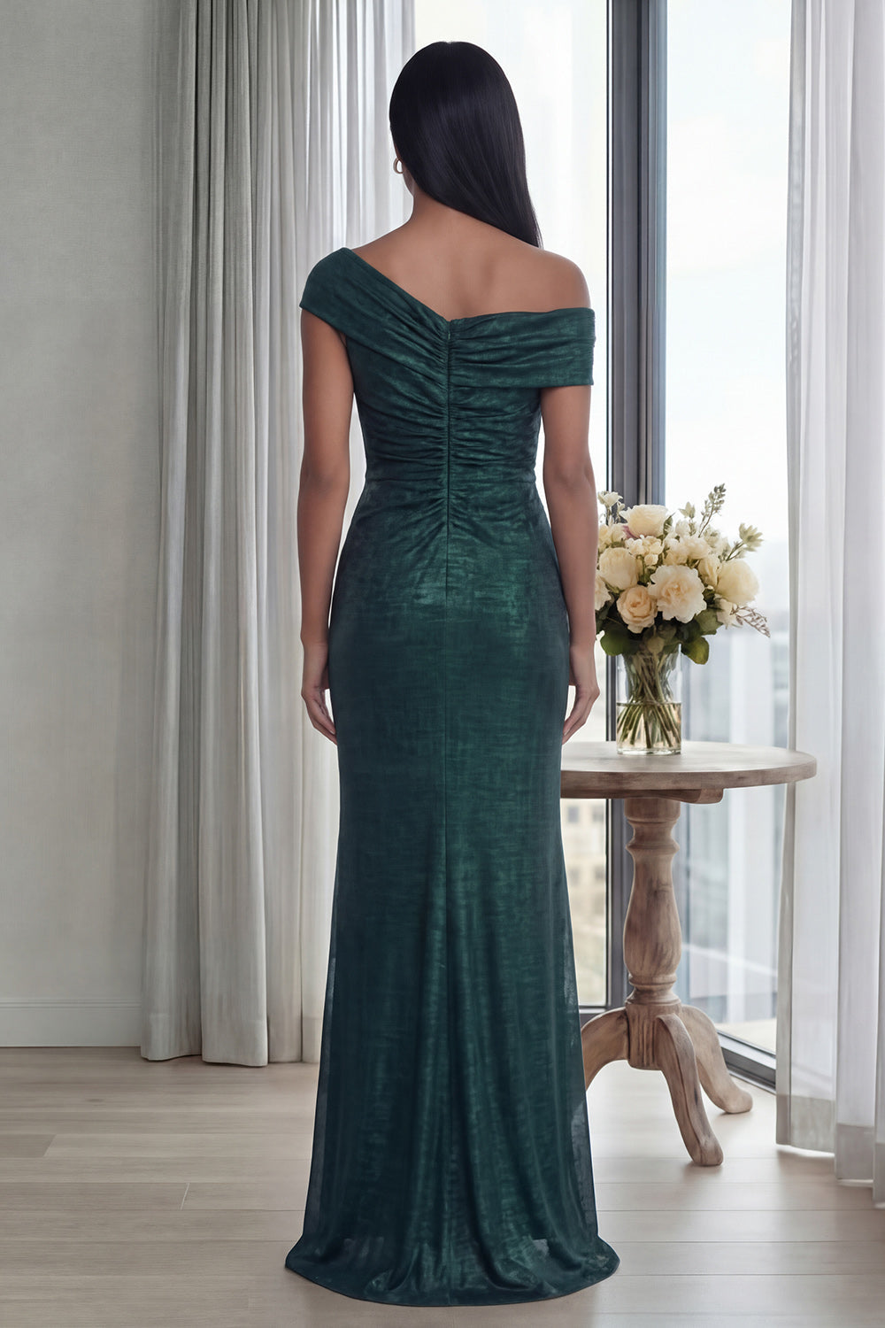 Dark Green Mermaid Asymmetrical Neck Ruched Formal Dress