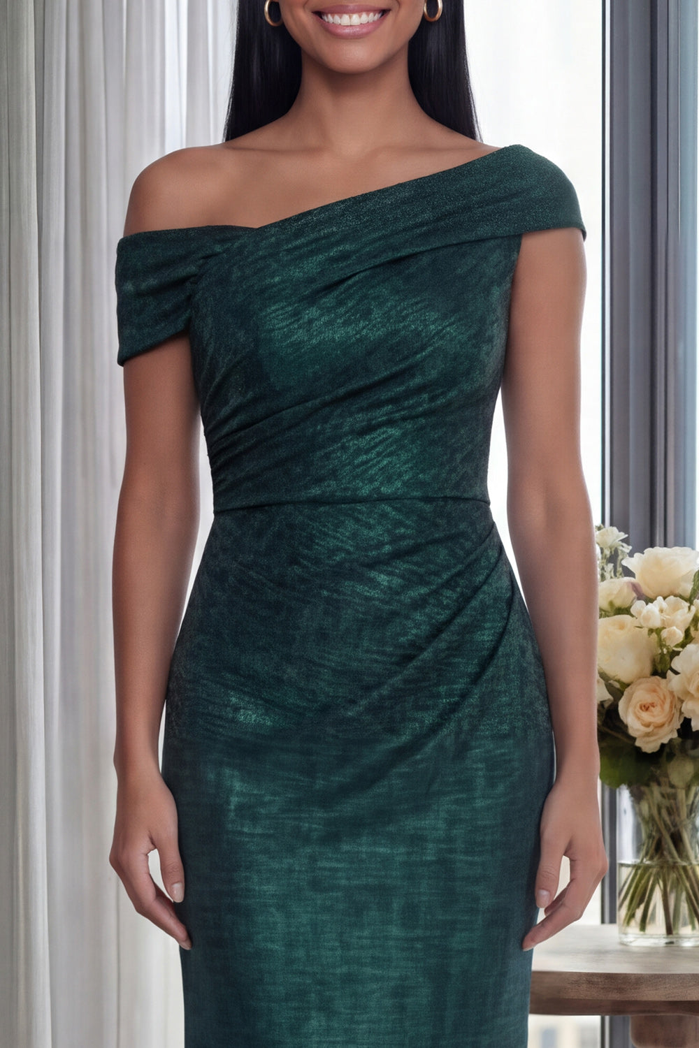 Dark Green Mermaid Asymmetrical Neck Ruched Formal Dress