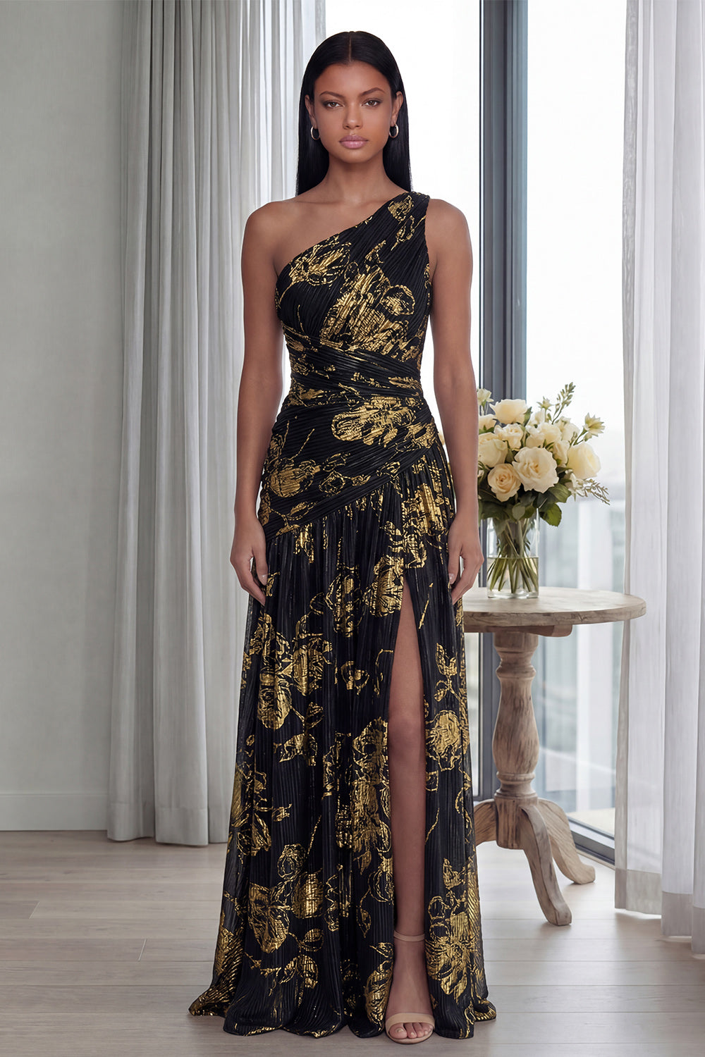 Gold One Shoulder Ruched A Line Formal Dress
