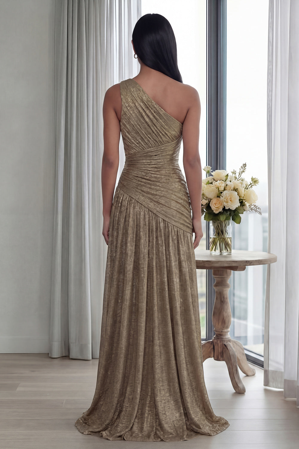 Gold One Shoulder Ruched A Line Formal Dress