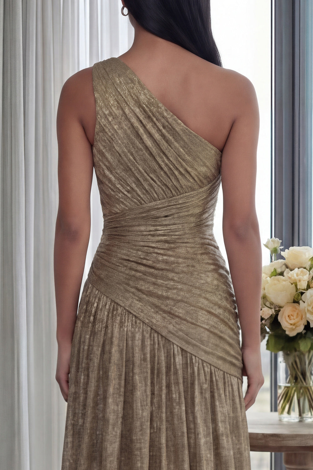 Gold One Shoulder Ruched A Line Formal Dress