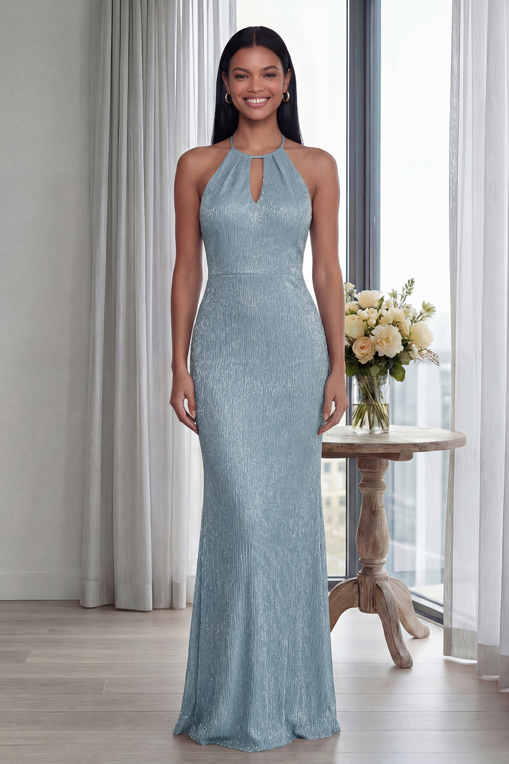 Halter Sky Blue Cut Out Mermaid Formal Dress