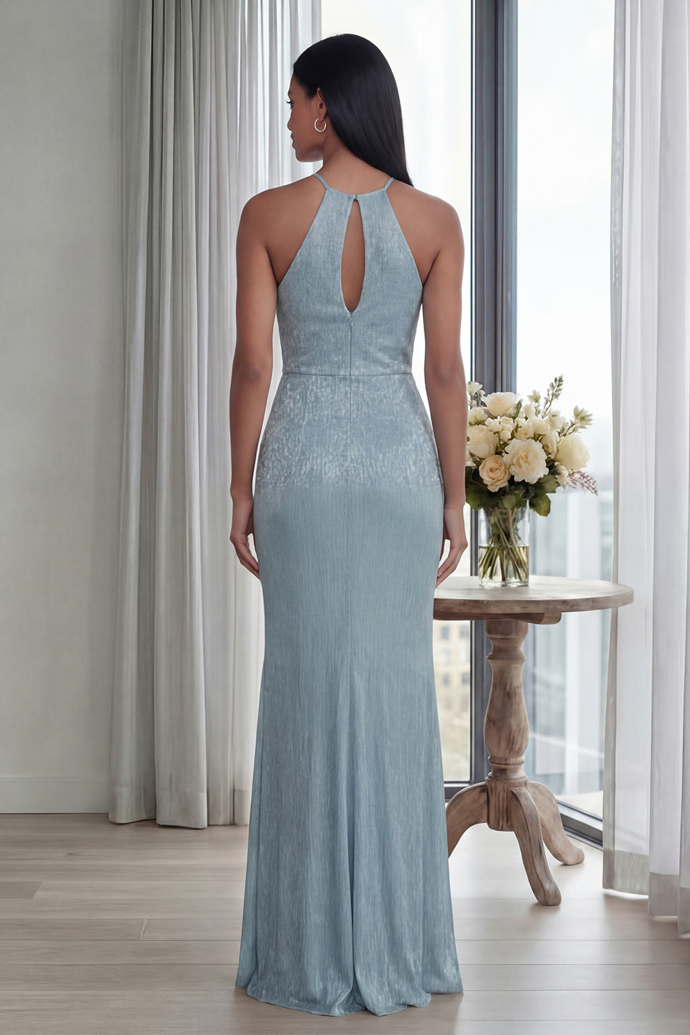 Halter Sky Blue Cut Out Mermaid Formal Dress