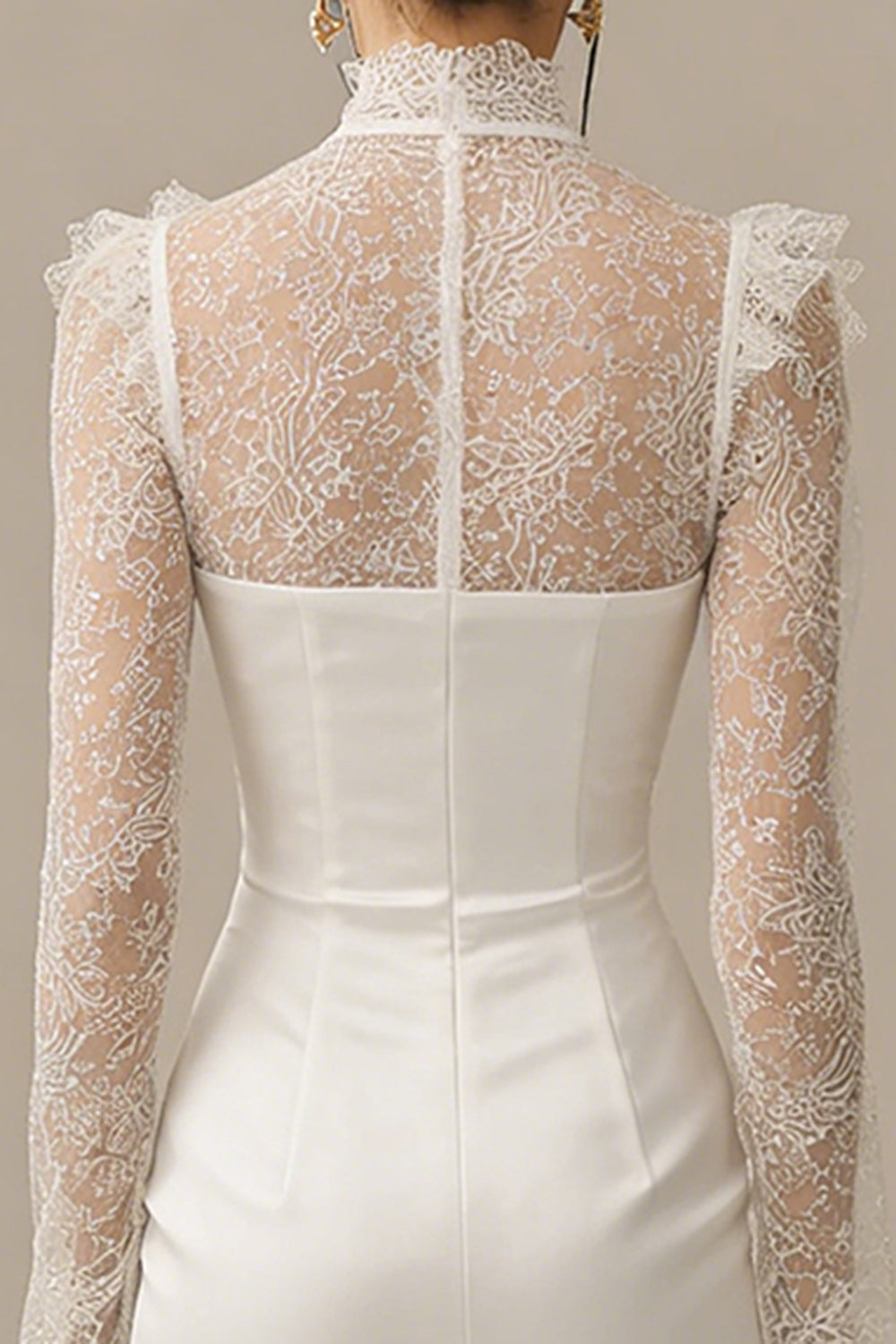 High Neck Lace Long Sleeve Mini White Dress