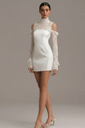 Long Sleeve High Neck Cut Out Mini White Dress