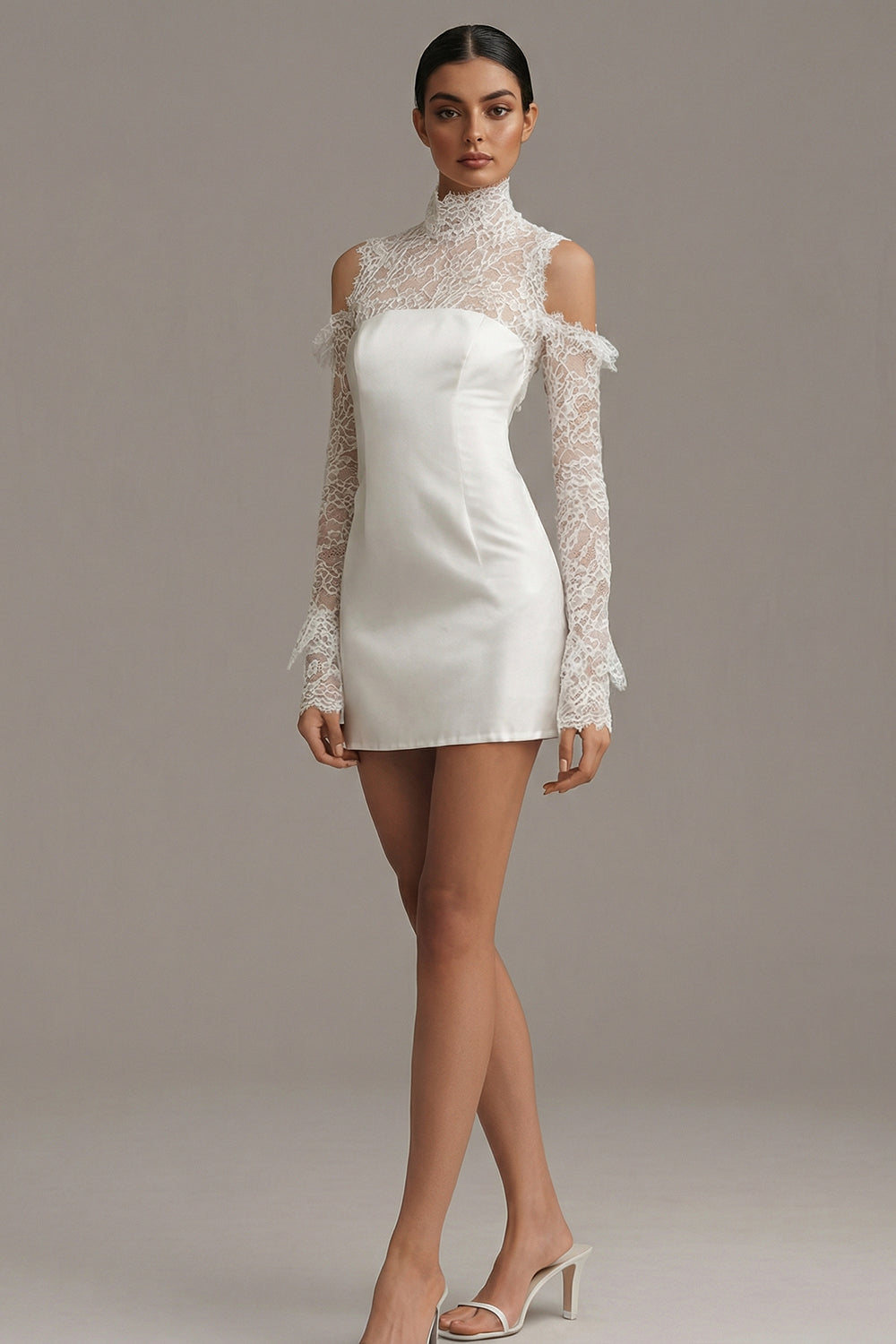 Long Sleeve High Neck Cut Out Mini White Dress
