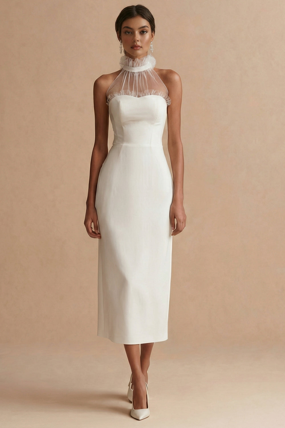 High Neck White Midi Graduation Dress with Ruffles