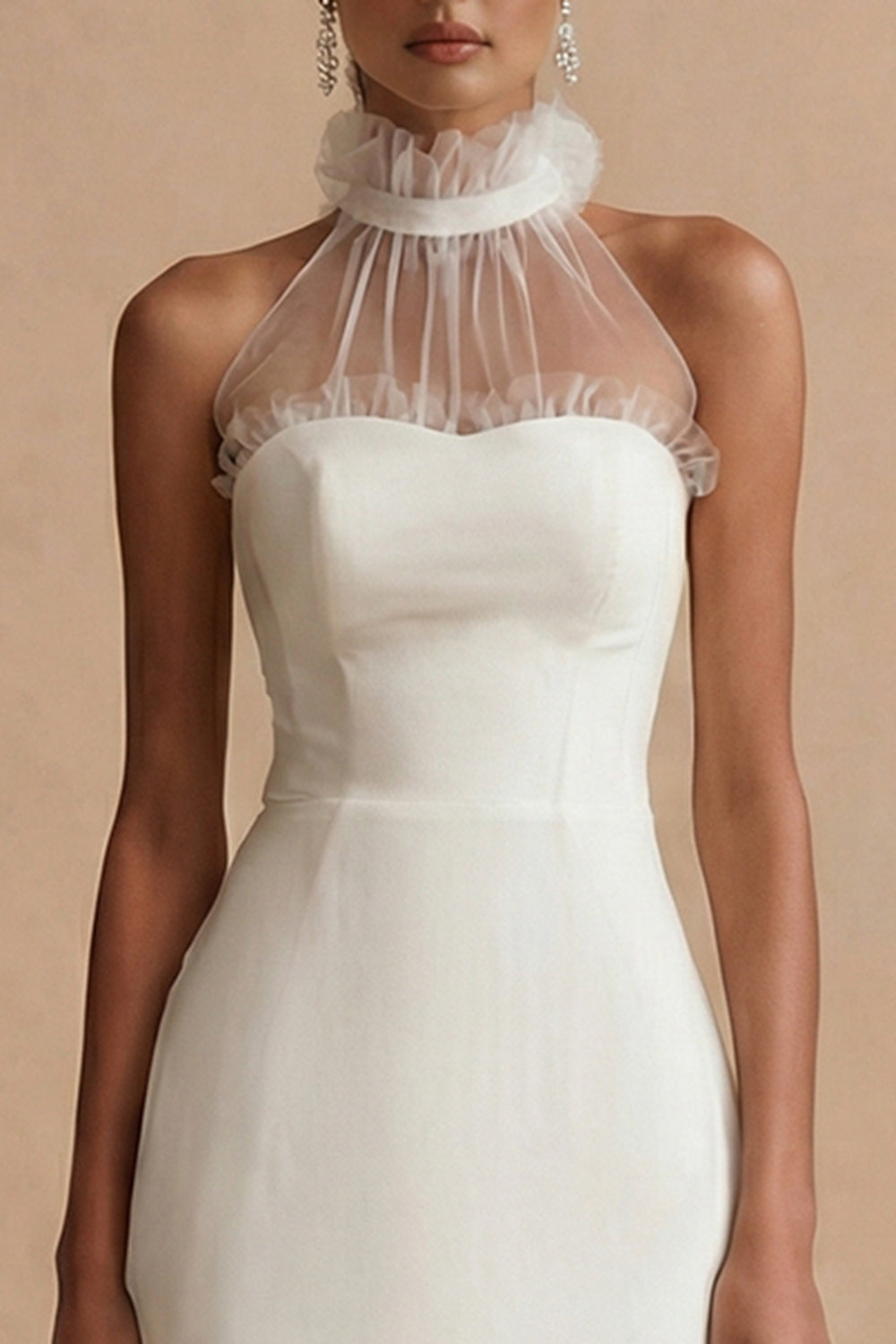 High Neck White Midi Graduation Dress with Ruffles