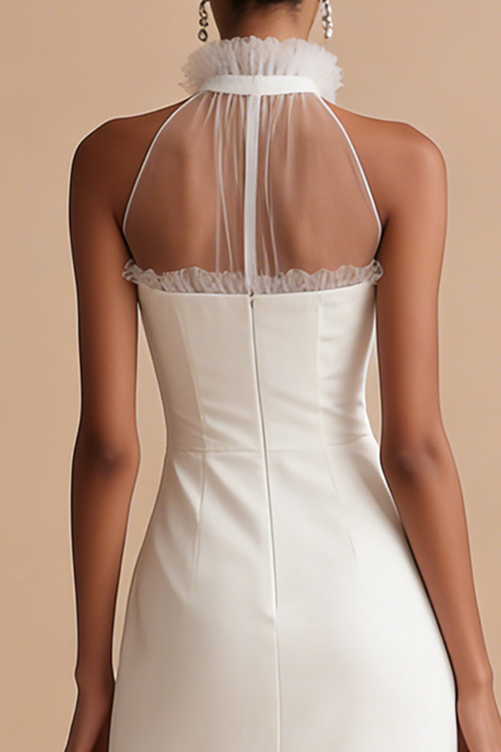 High Neck White Midi Graduation Dress with Ruffles