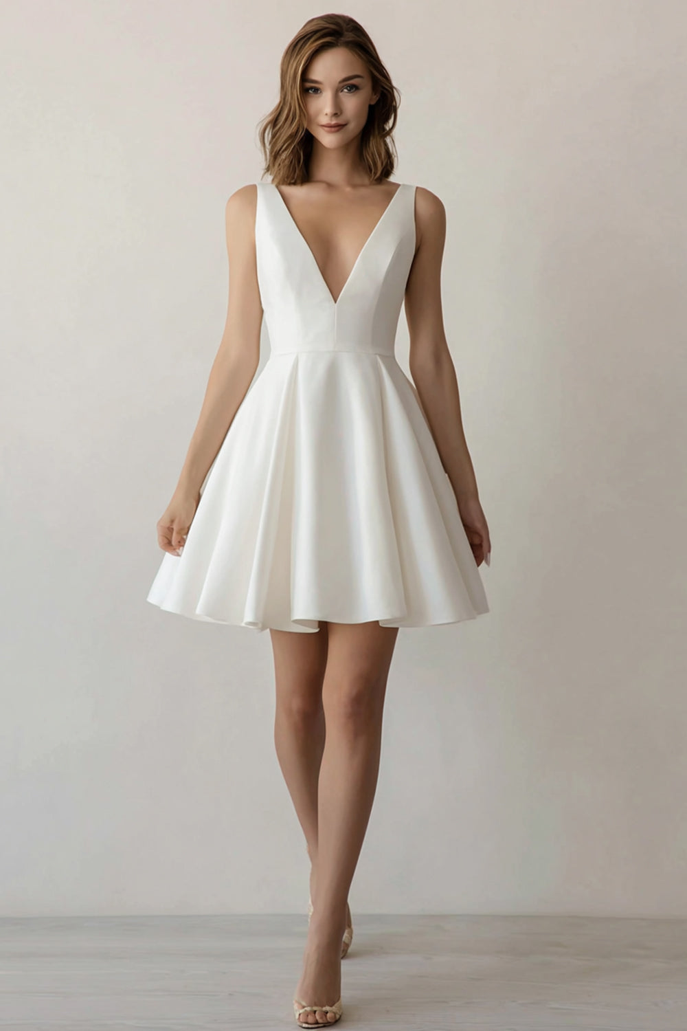 A Line V Neck Mini White Dress