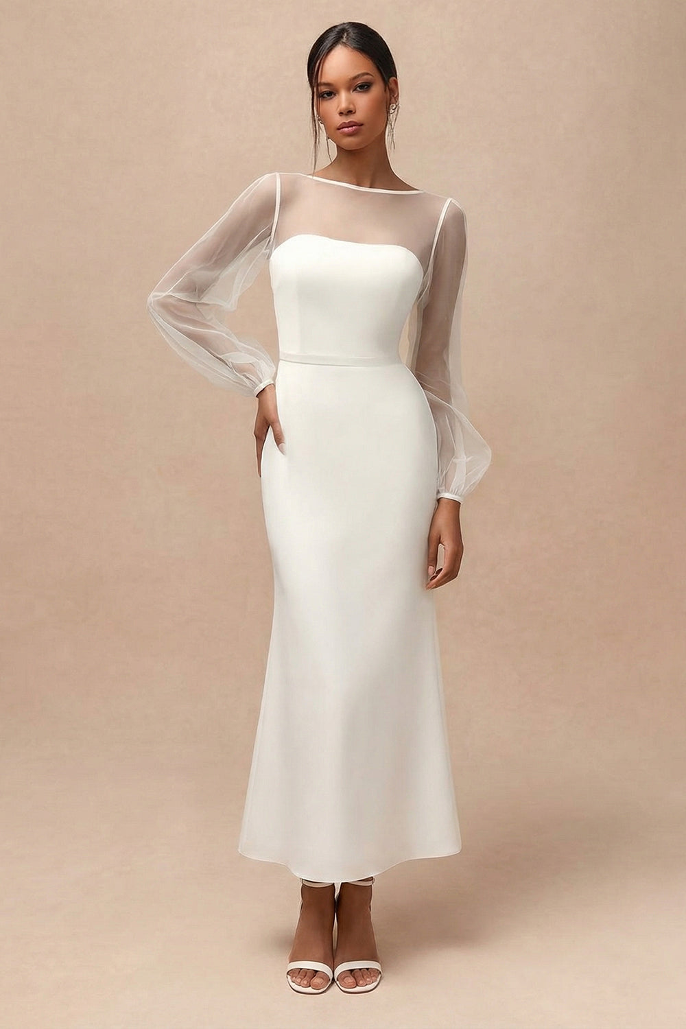 Long Sleeve Mermaid Satin White Dress