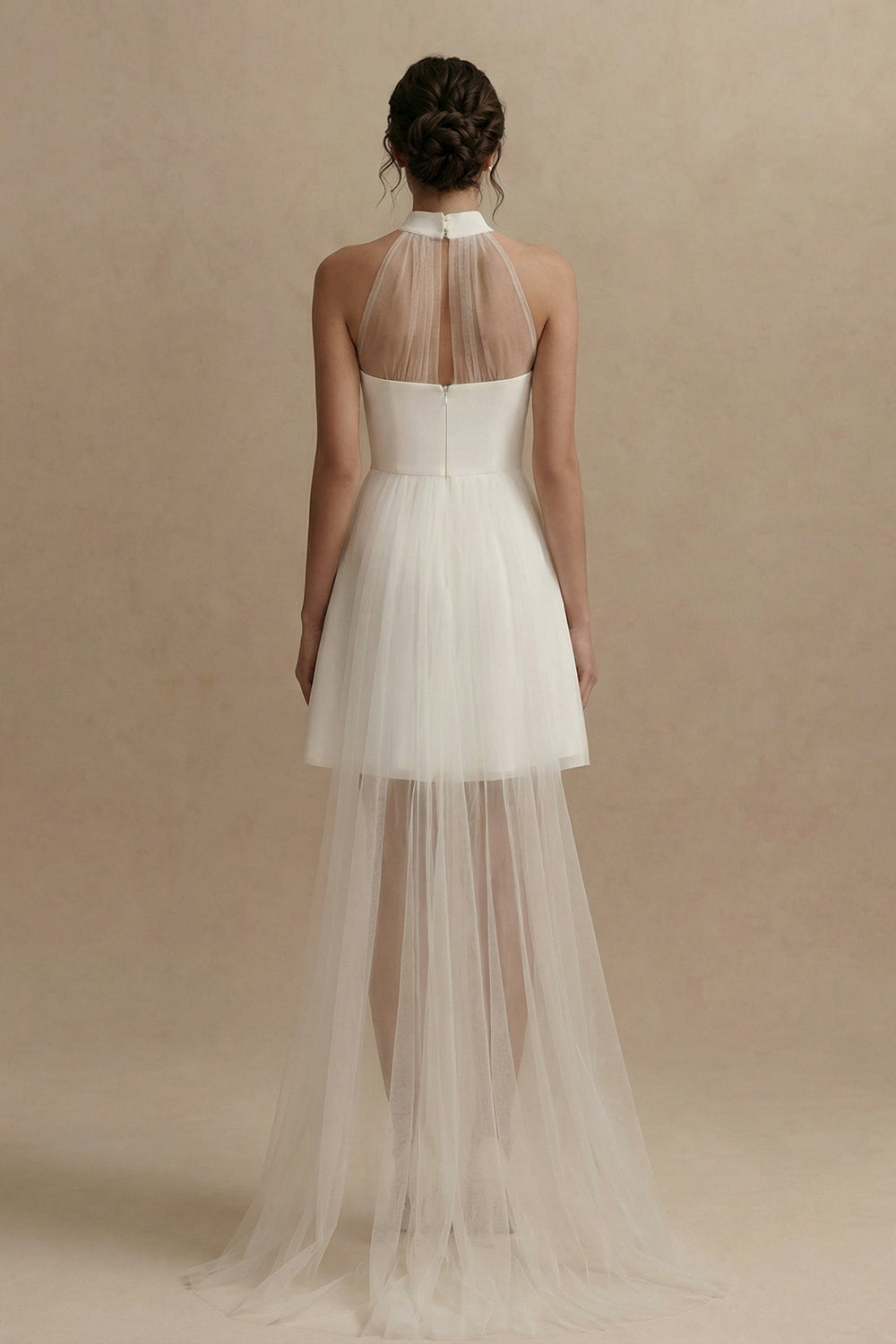 A Line High Neck Mini White Dress with Train
