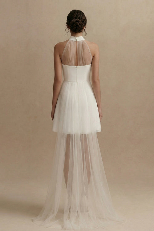 A Line High Neck Mini White Dress with Train