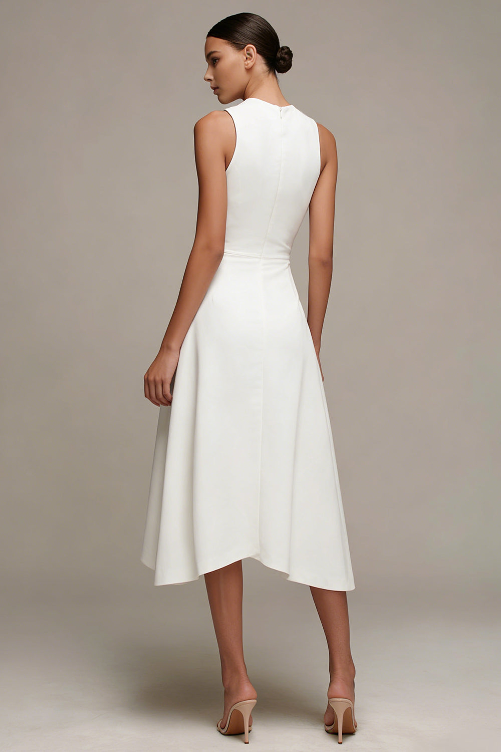 A Line Round Neck Ruffled Midi White Dress