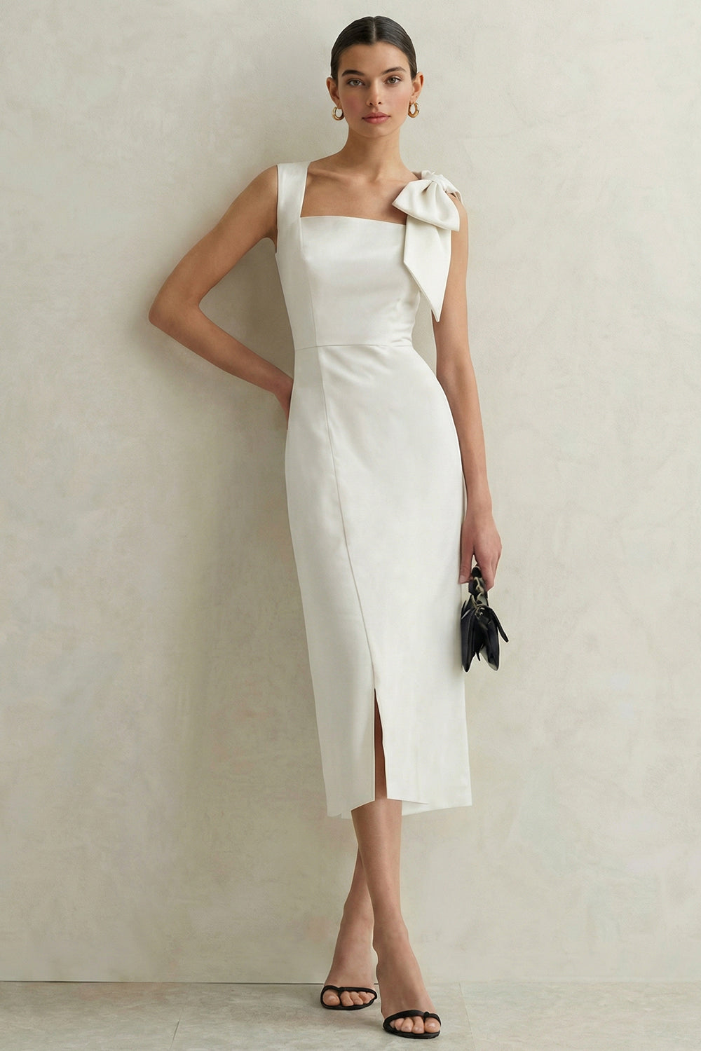 Satin Bodycon Midi White Dress with Bow