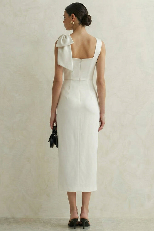 Satin Bodycon Midi White Dress with Bow