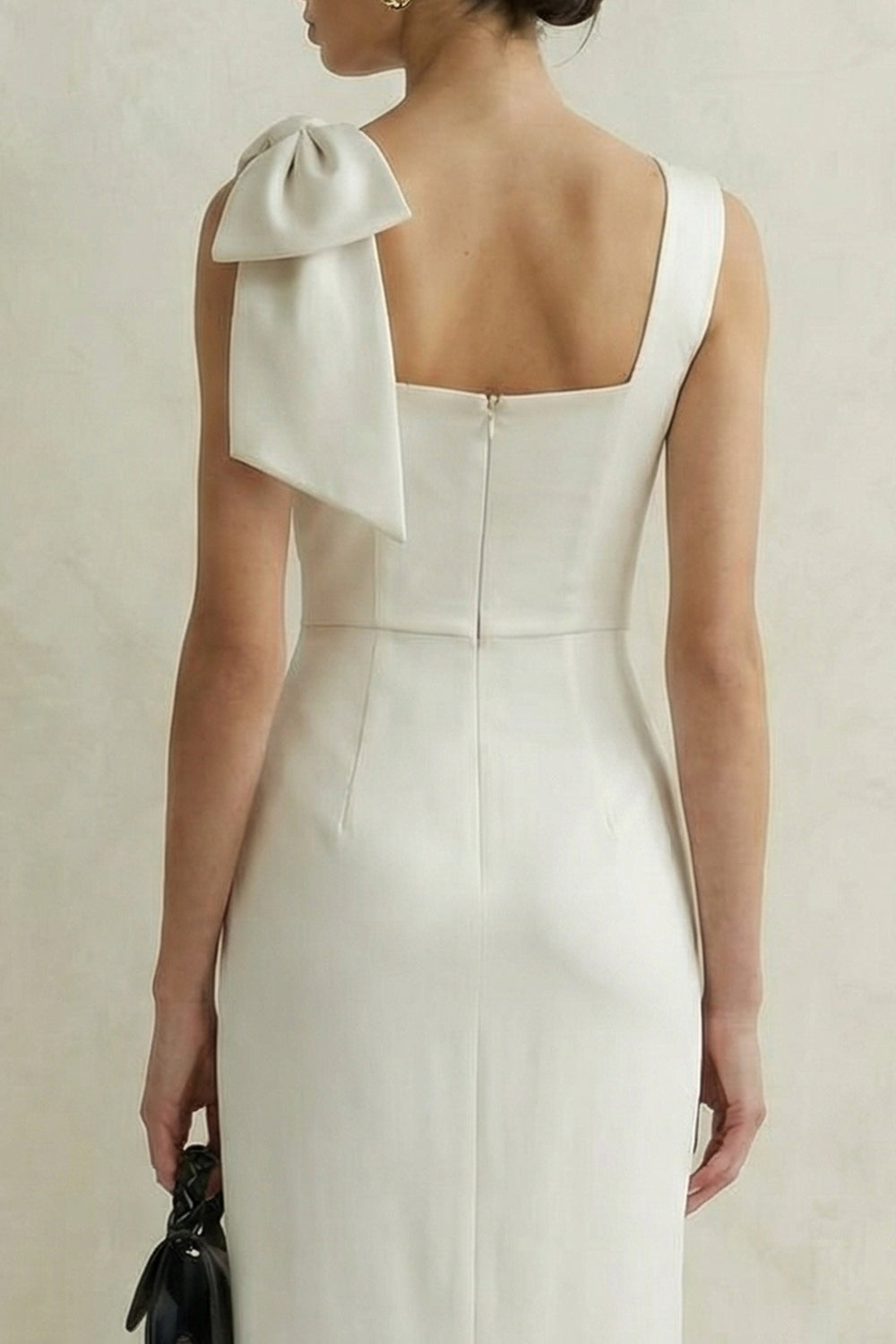 Satin Bodycon Midi White Dress with Bow