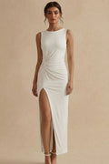 White Ruched Round Neck Formal Dress with Slit