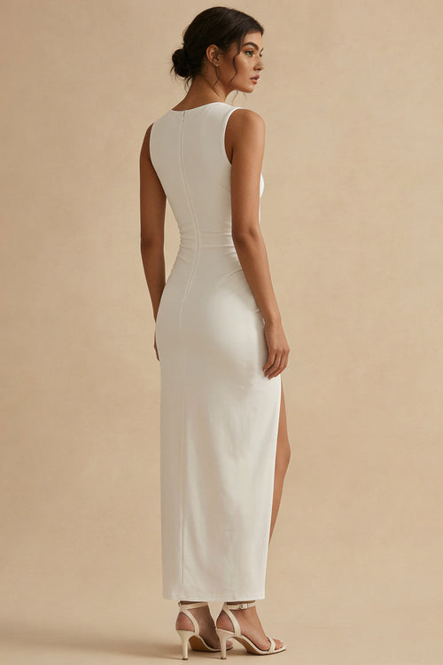 White Ruched Round Neck Formal Dress with Slit