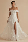 Off the Shoulder A Line Appliqued White Wedding Dress