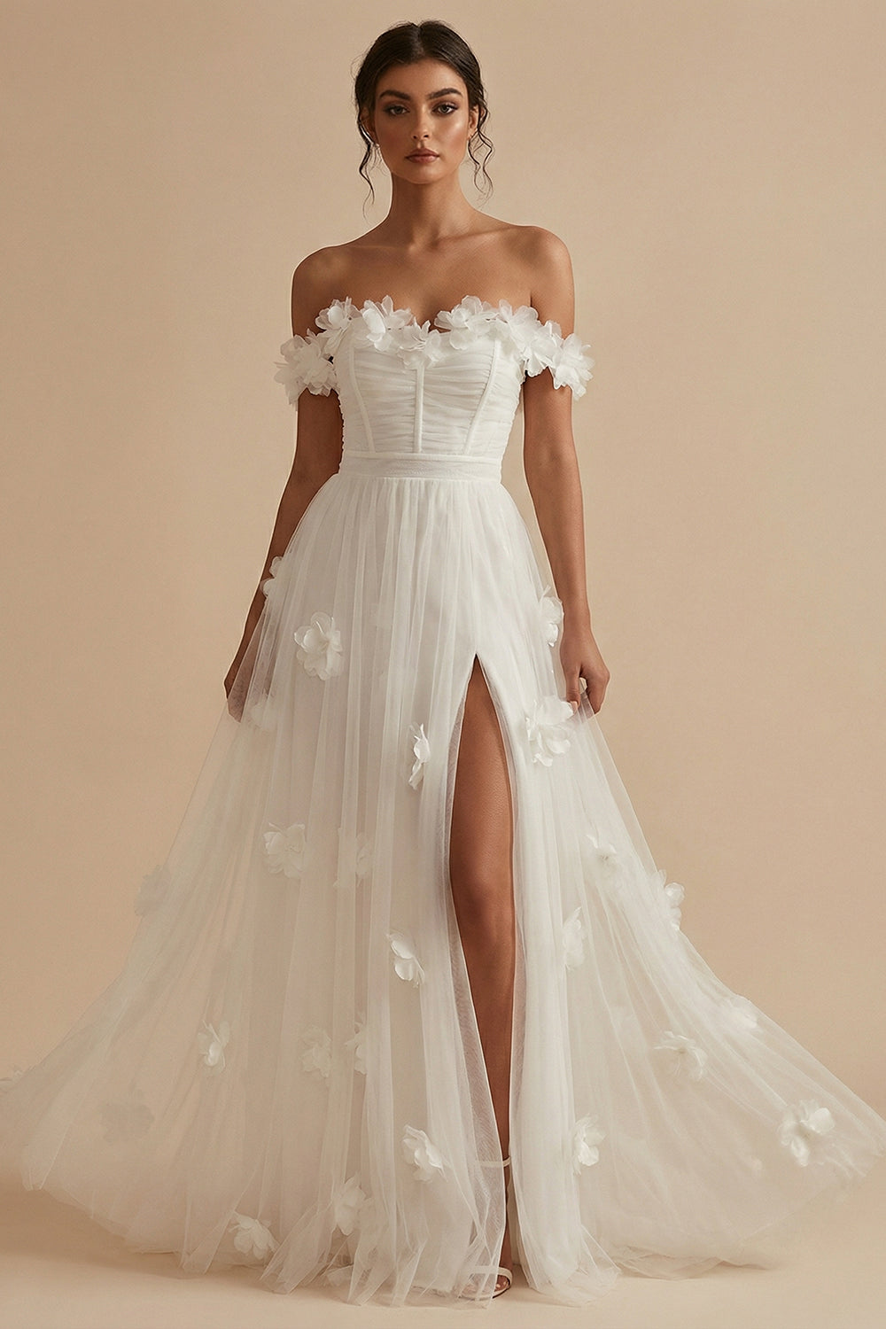 Off the Shoulder A Line Appliqued White Wedding Dress