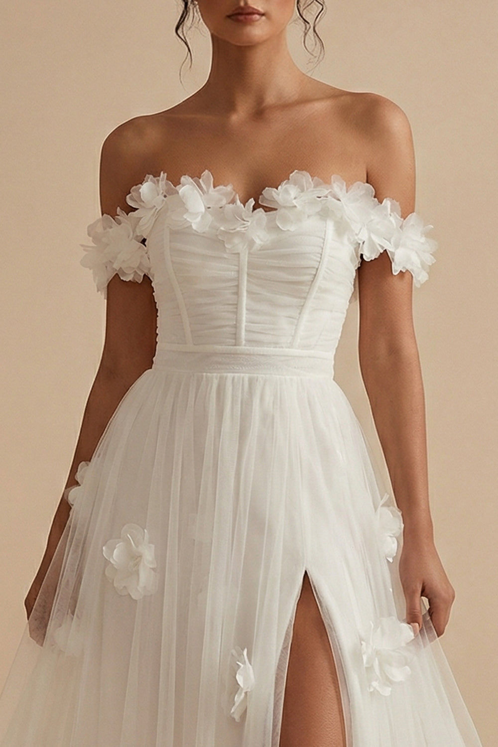 Off the Shoulder A Line Appliqued White Wedding Dress