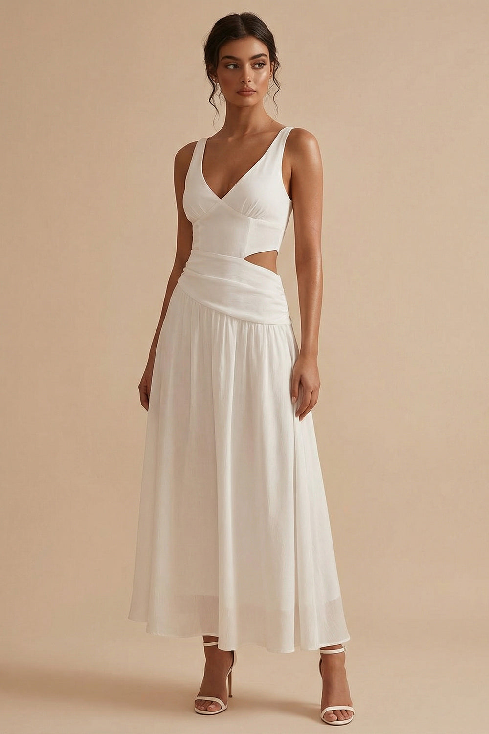 A Line Cut Out V Neck White Dress