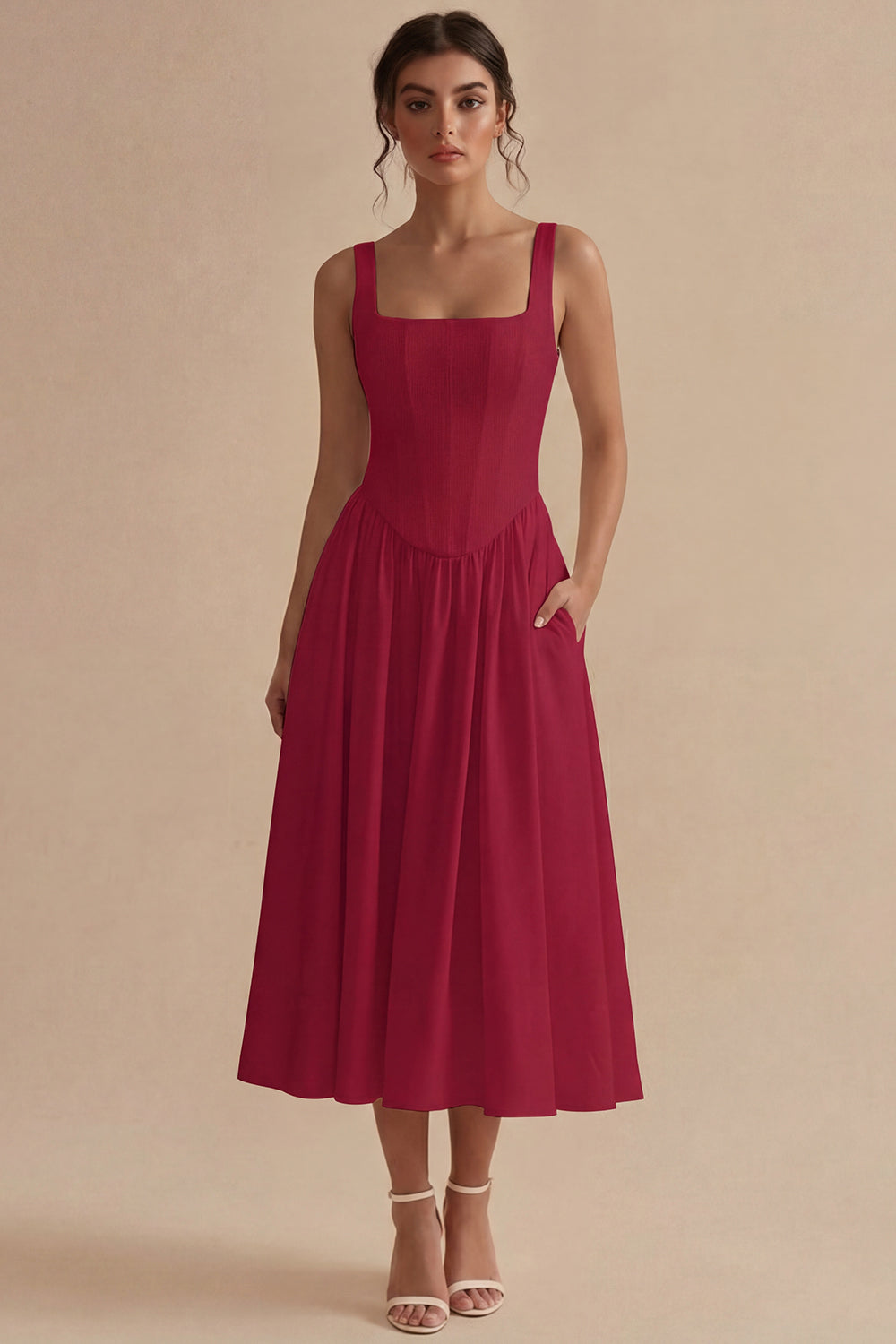 Basque Waist A Line Corset Midi White Dress