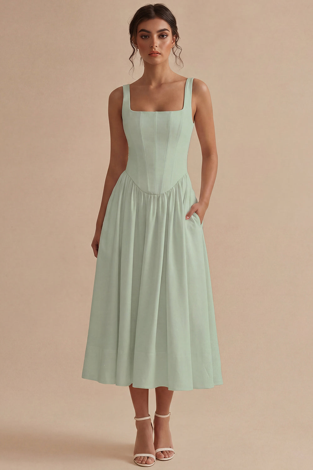 Basque Waist A Line Corset Midi White Dress