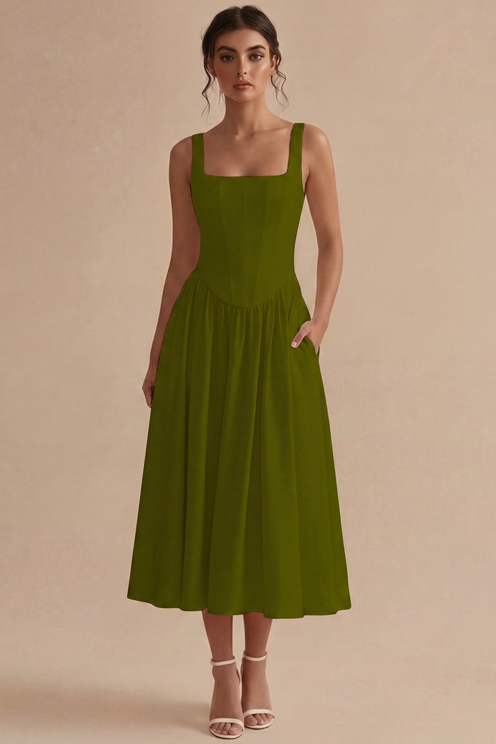 Basque Waist A Line Corset Midi White Dress