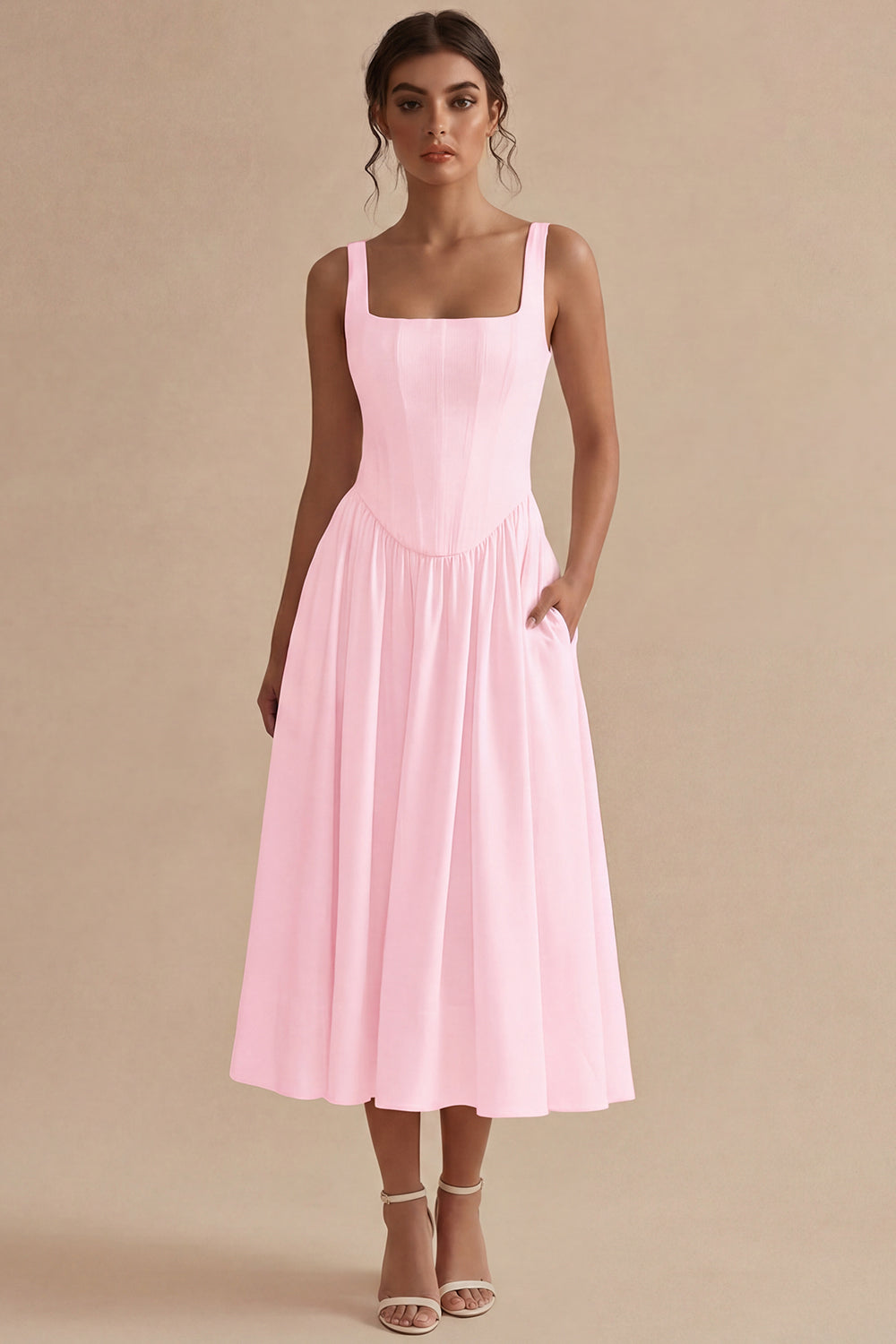Basque Waist A Line Corset Midi White Dress