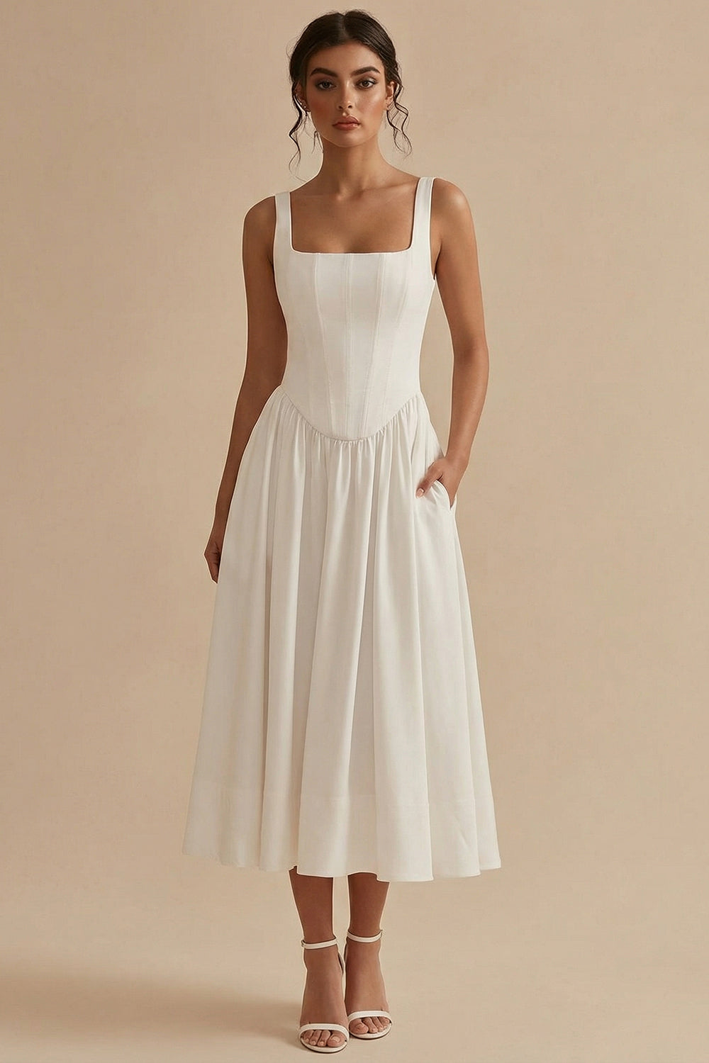 Basque Waist A Line Corset Midi White Dress