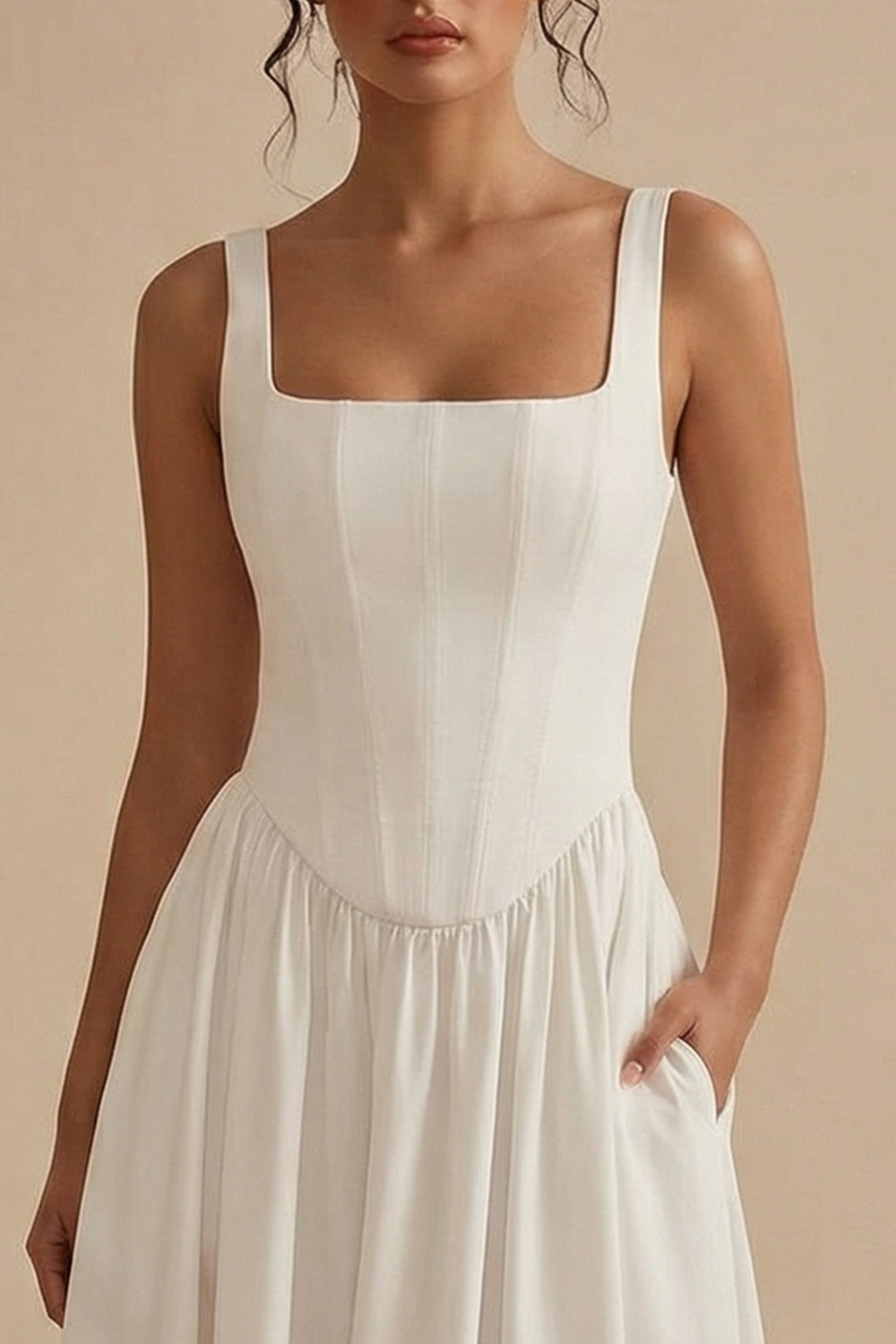 Basque Waist A Line Corset Midi White Dress