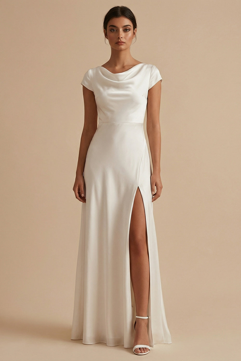 Cowl Neck Satin A Line White Dress with Slit