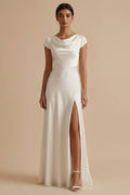 Cowl Neck Satin A Line White Dress with Slit
