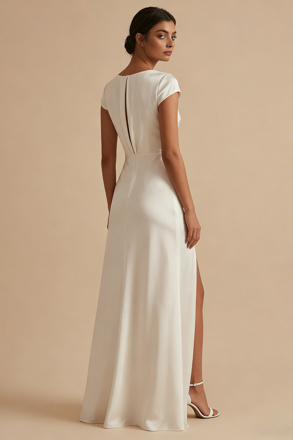 Cowl Neck Satin A Line White Dress with Slit