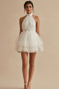 Halter Tulle Tiered Mini White Dress