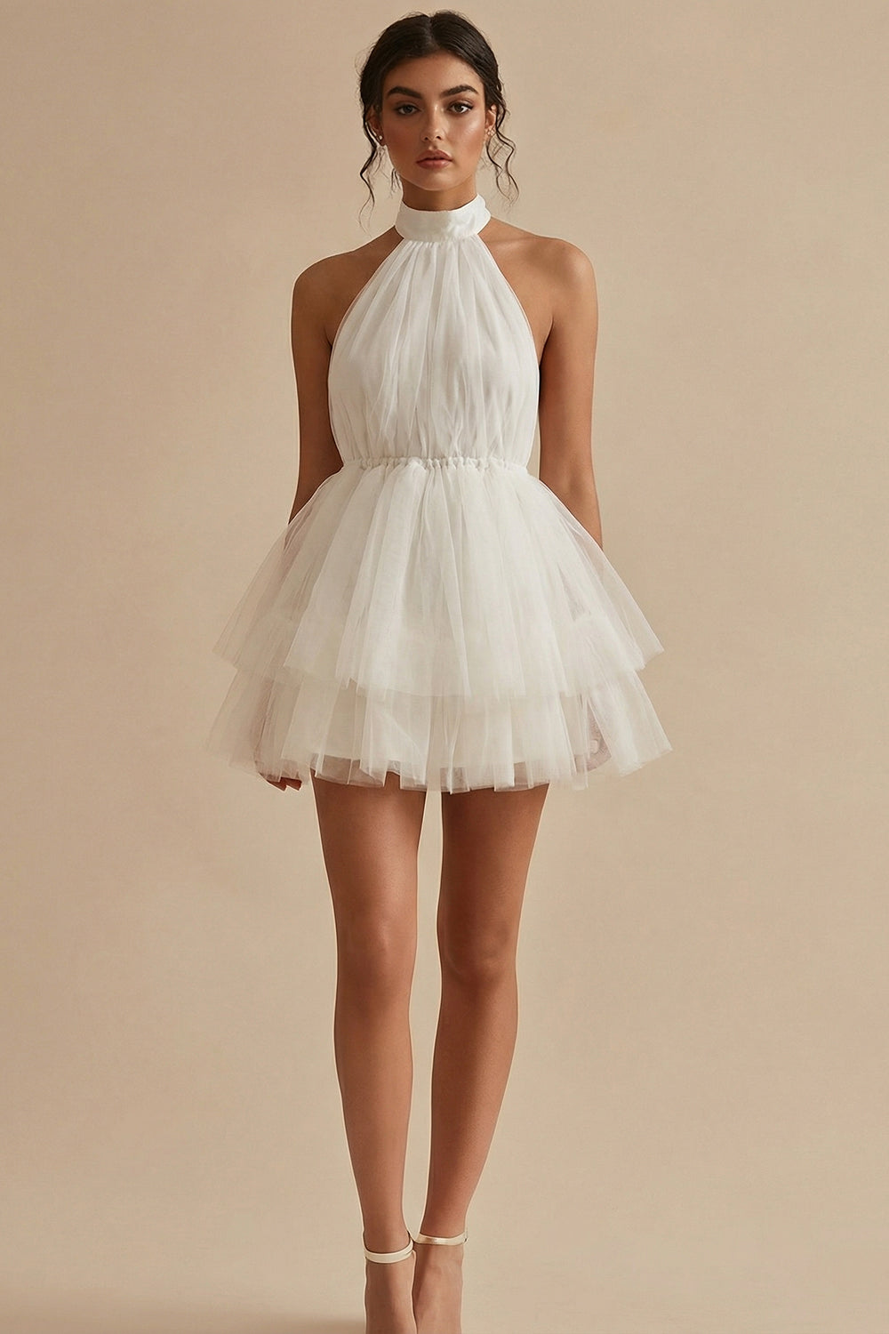 Halter Tulle Tiered Mini White Dress