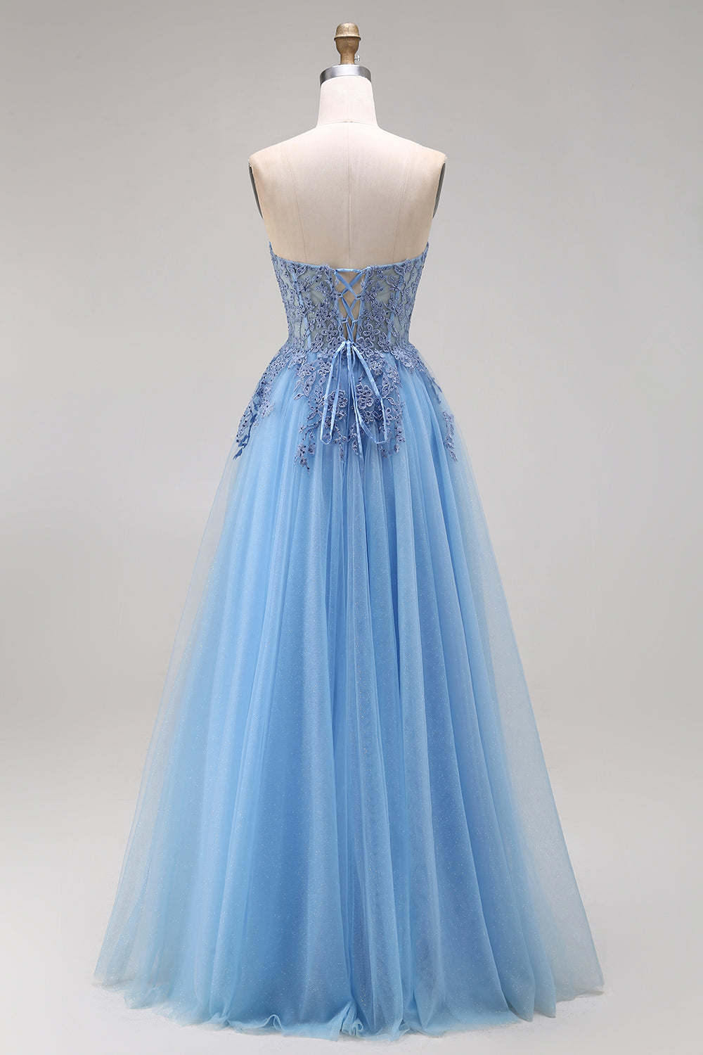 Blue Strapless Appliqued Corset A Line Tulle Prom Dress