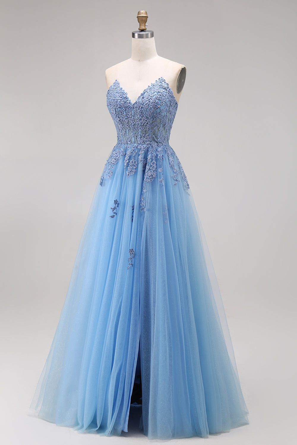 Blue Strapless Appliqued Corset A Line Tulle Prom Dress