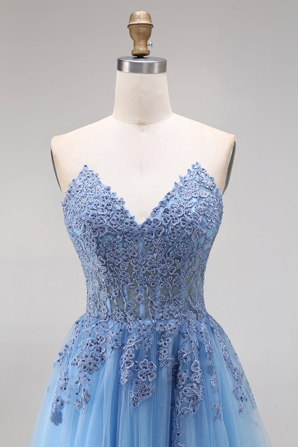 Blue Strapless Appliqued Corset A Line Tulle Prom Dress