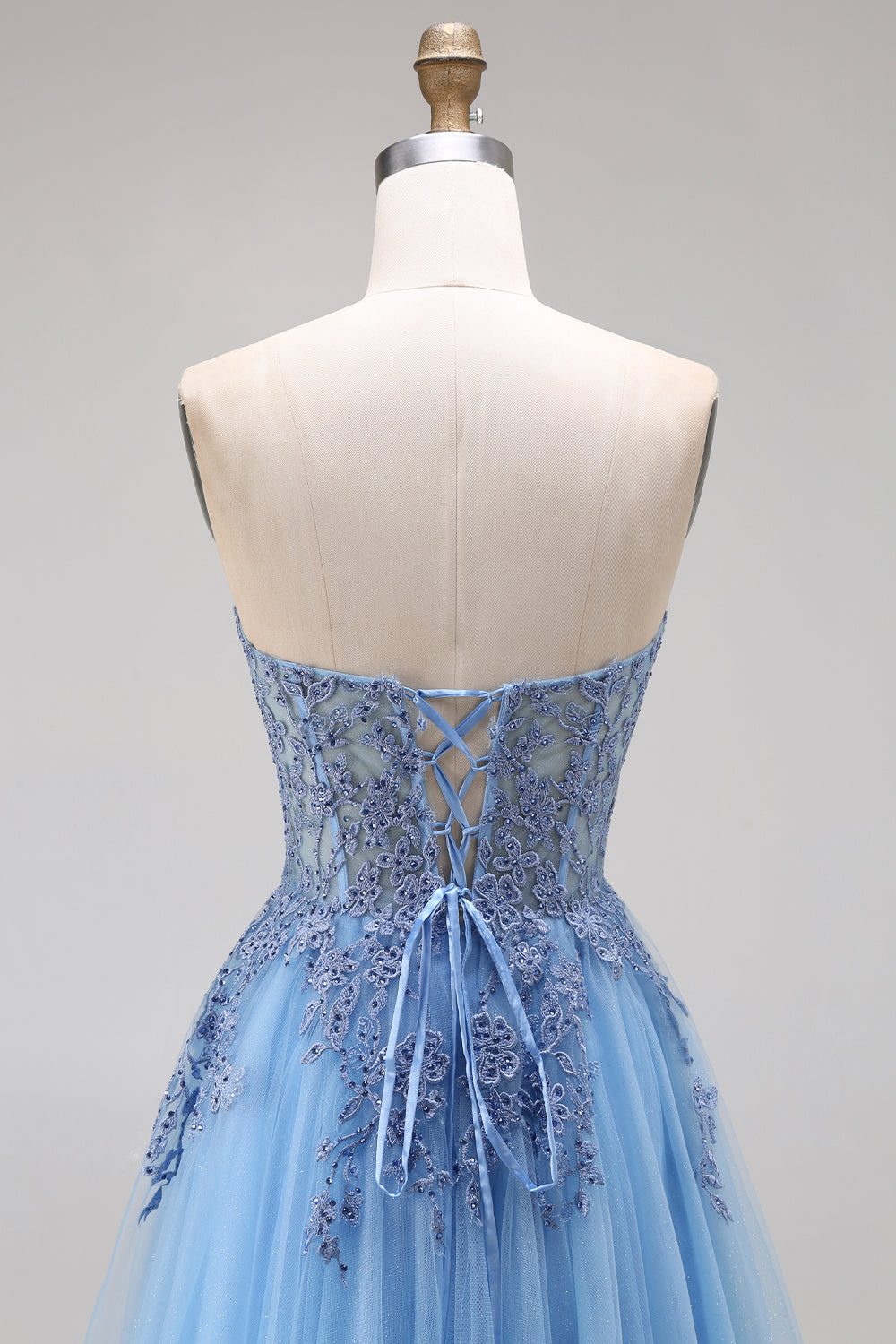 Blue Strapless Appliqued Corset A Line Tulle Prom Dress