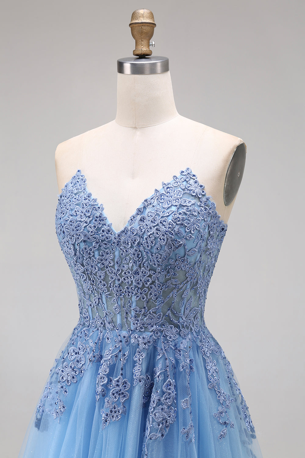 Blue Strapless Appliqued Corset A Line Tulle Prom Dress