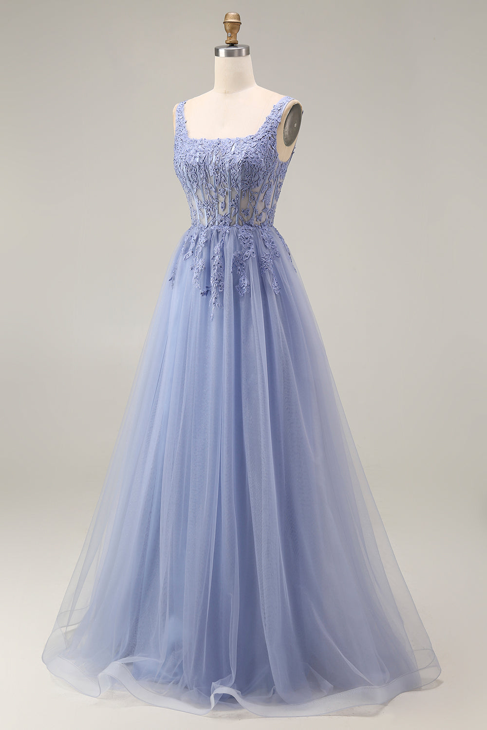 Blue Corset Appliqued A Line Tulle Maxi Prom Dress